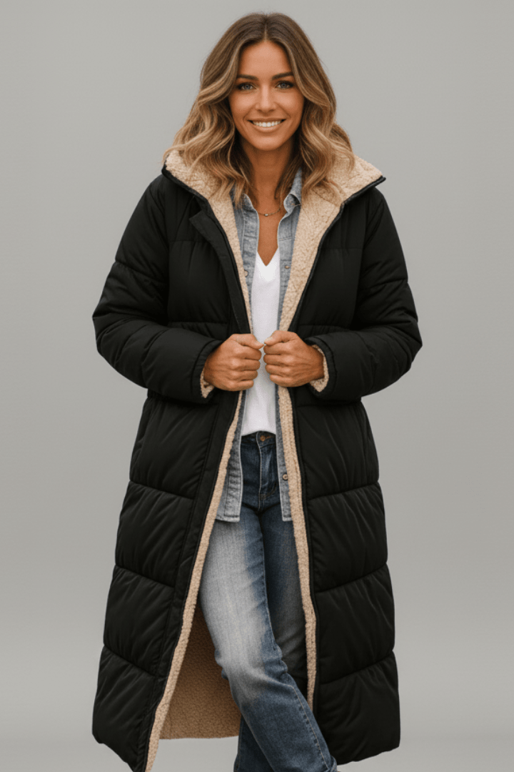 Women's quilted long winter coat with fixed hood and zip closure, designed for warmth and style during cold weather. 0