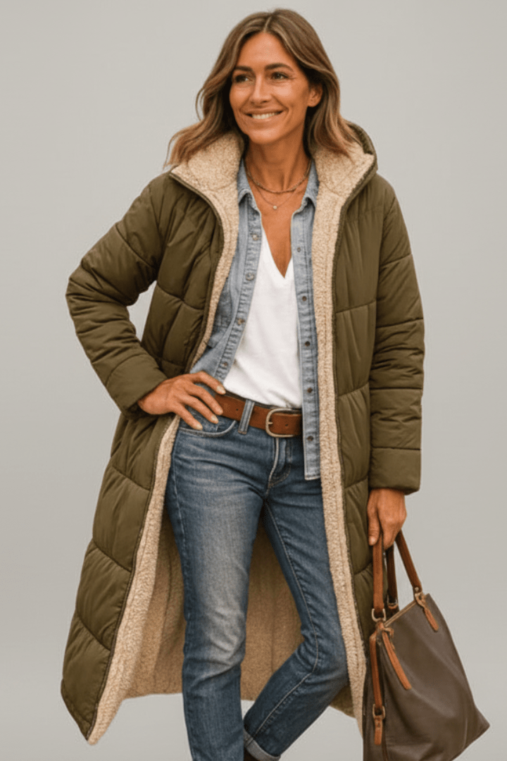 Women's quilted long winter coat with fixed hood and zip closure, designed for warmth and style during cold weather. 6