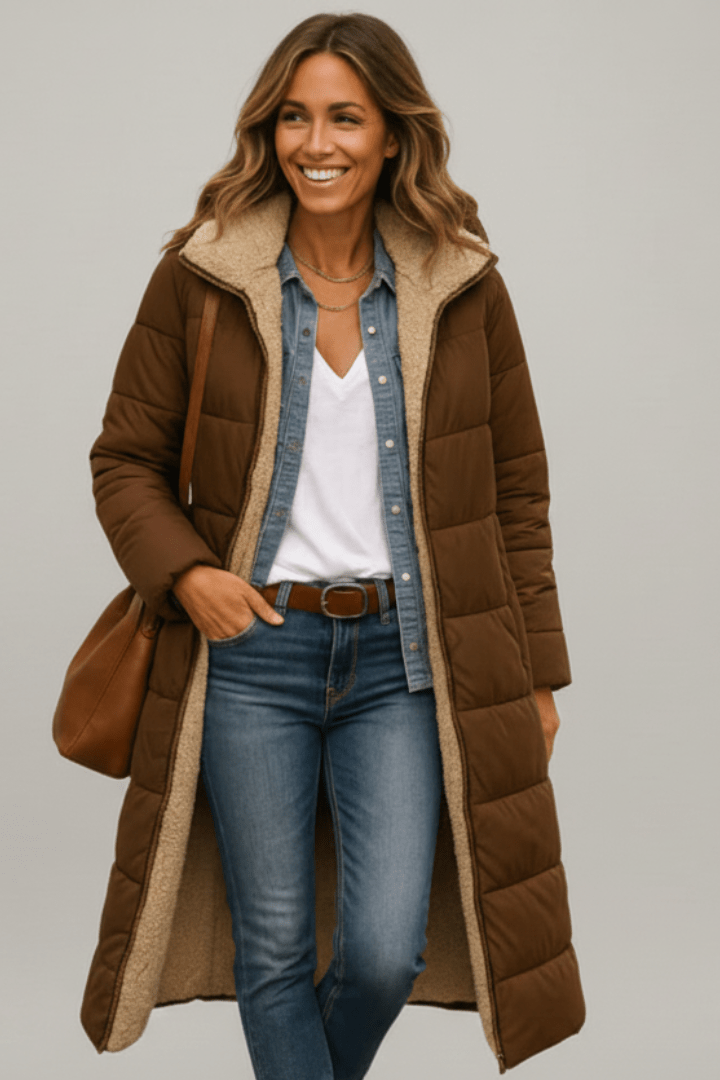 Women's quilted long winter coat with fixed hood and zip closure, designed for warmth and style during cold weather. 8