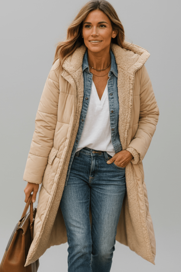 Women's quilted long winter coat with fixed hood and zip closure, designed for warmth and style during cold weather. 9