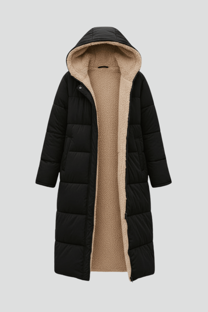 Women's quilted long winter coat with fixed hood and zip closure, designed for warmth and style during cold weather. 1