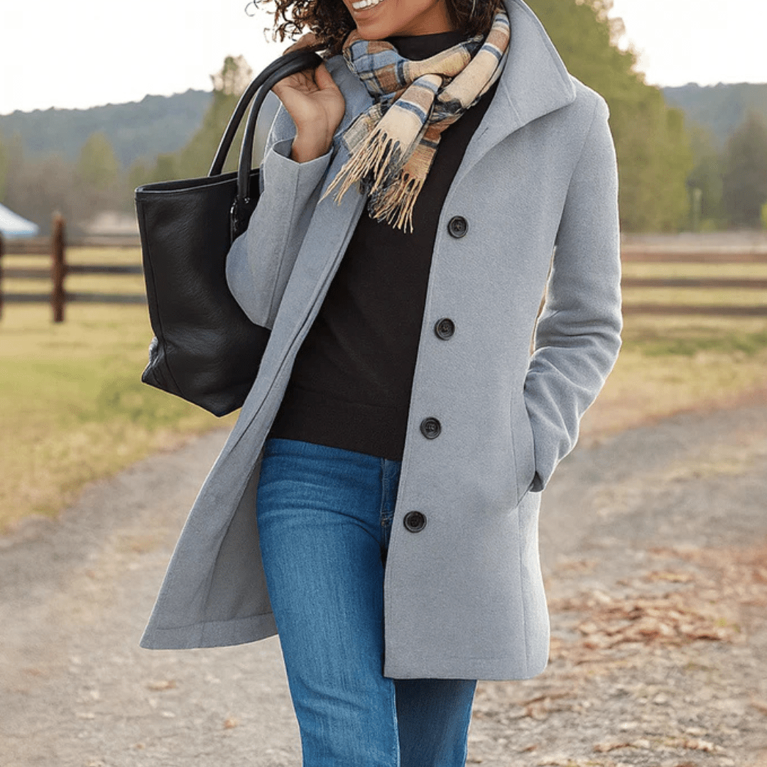 Elegant women's tailored overcoat with button front, made of warm wool, perfect for winter fashion and layering. 1