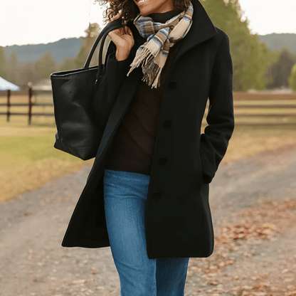 Elegant women's tailored overcoat with button front, made of warm wool, perfect for winter fashion and layering. 2