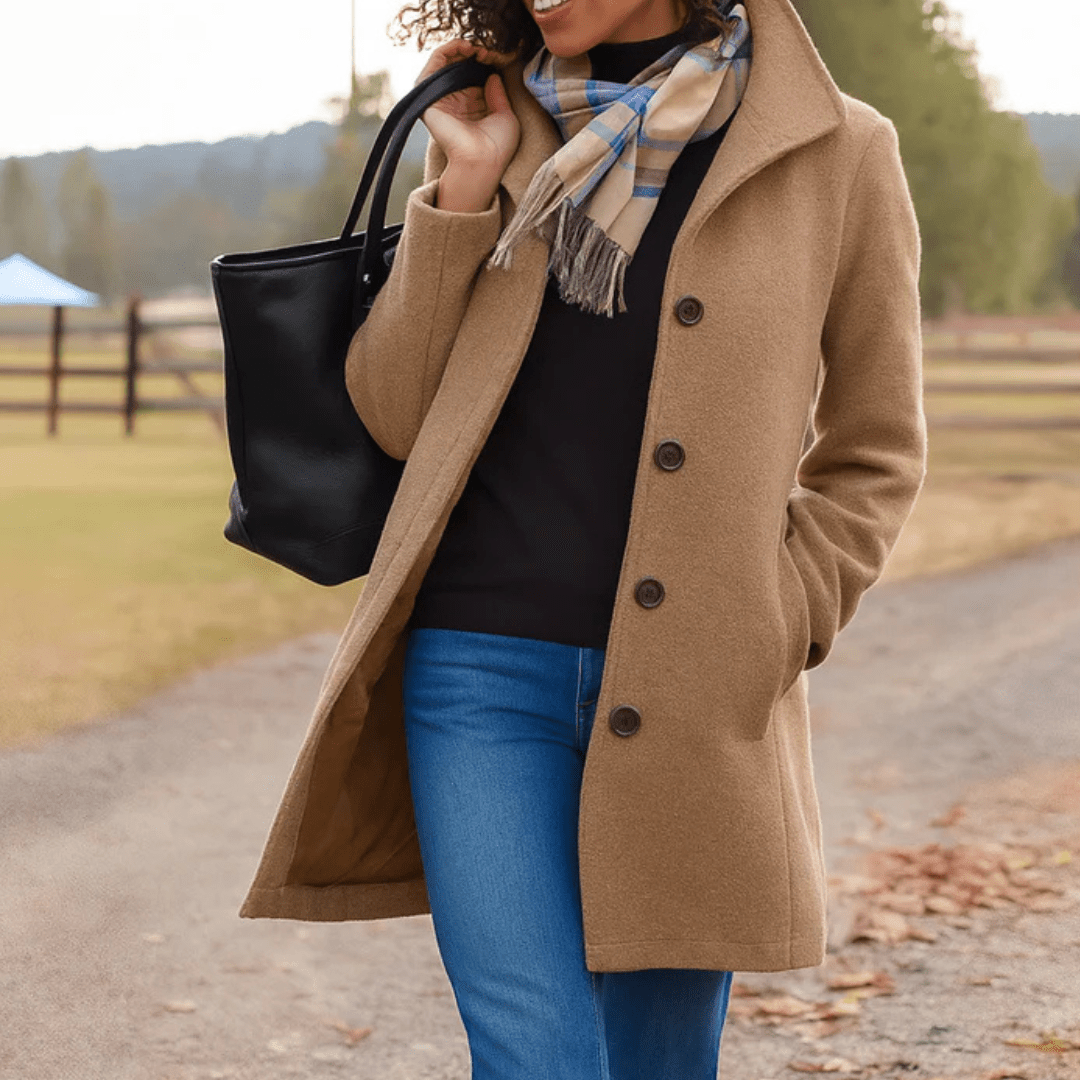 Elegant women's tailored overcoat with button front, made of warm wool, perfect for winter fashion and layering. 0