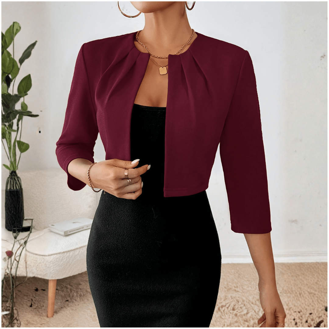 Women's cropped blazer jacket featuring an open front design and stylish 3/4 sleeves, designed for a modern tailored fit perfect for both casual and professional occasions 10