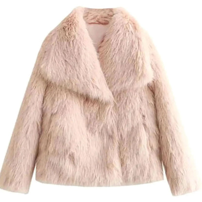 Women's cropped faux fur jacket with an open front, featuring a soft plush texture, perfect for autumn and winter layering. 7