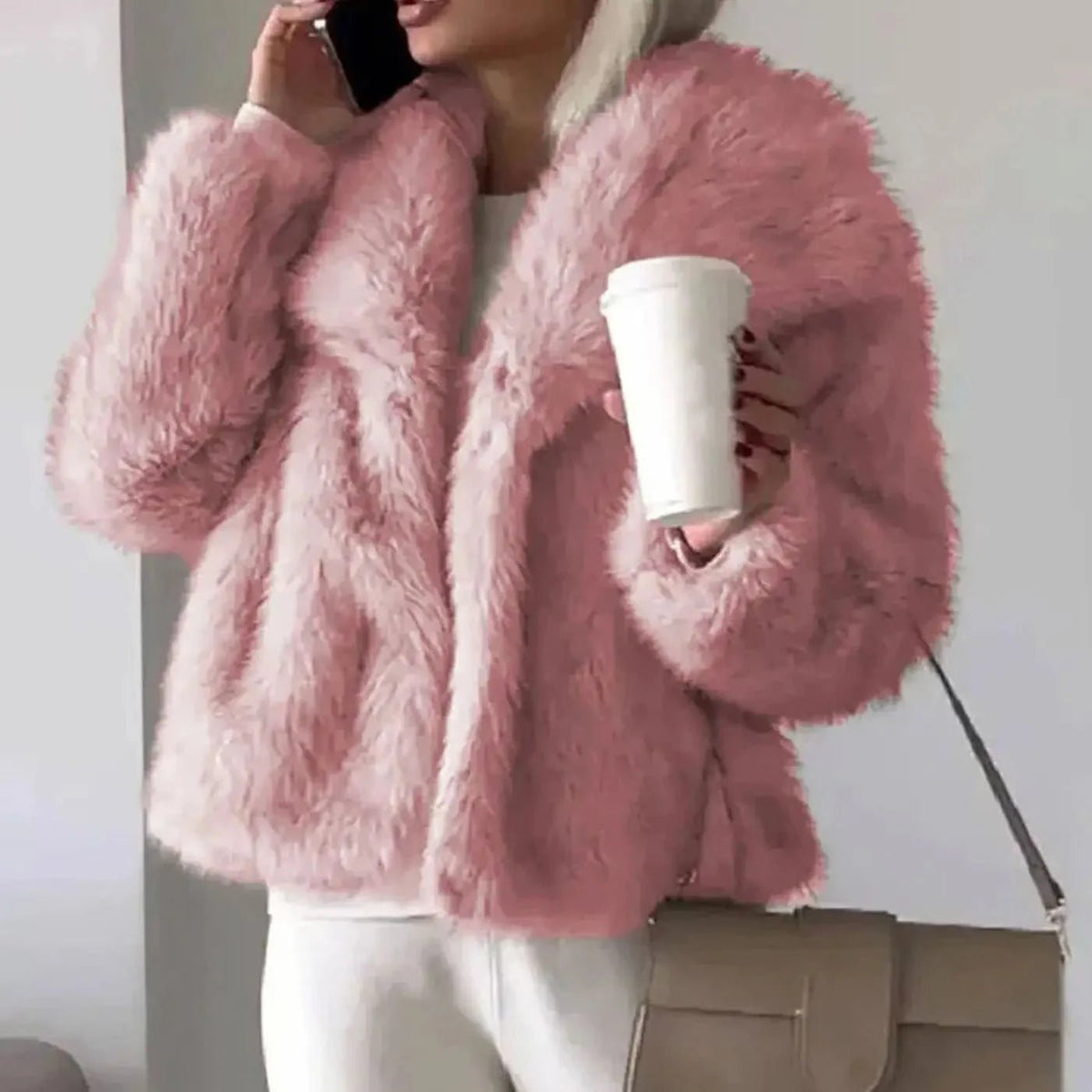 Women's cropped faux fur jacket with an open front, featuring a soft plush texture, perfect for autumn and winter layering. 0