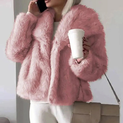Women's cropped faux fur jacket with an open front, featuring a soft plush texture, perfect for autumn and winter layering. 0