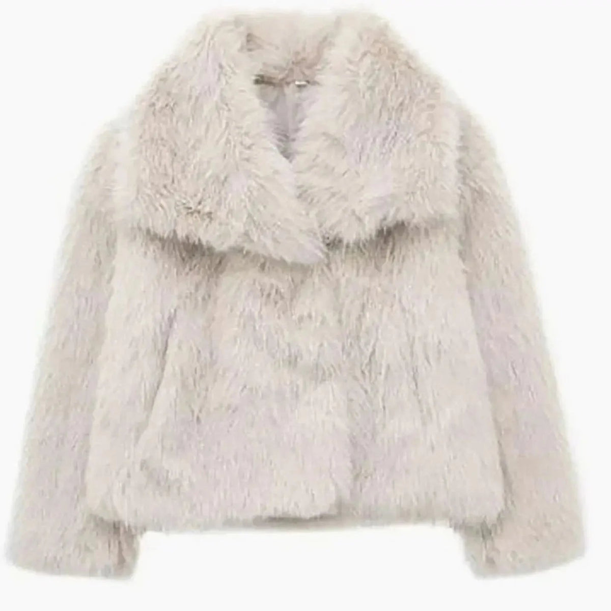 Women's cropped faux fur jacket with an open front, featuring a soft plush texture, perfect for autumn and winter layering. 6
