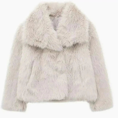Women's cropped faux fur jacket with an open front, featuring a soft plush texture, perfect for autumn and winter layering. 6