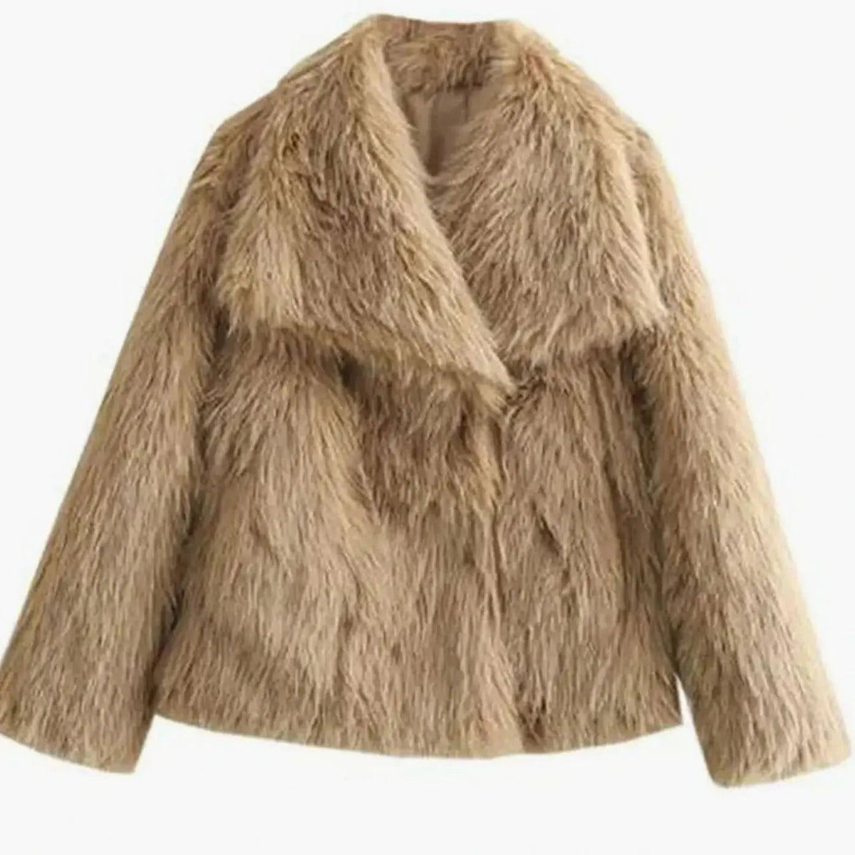 Women's cropped faux fur jacket with an open front, featuring a soft plush texture, perfect for autumn and winter layering. 8