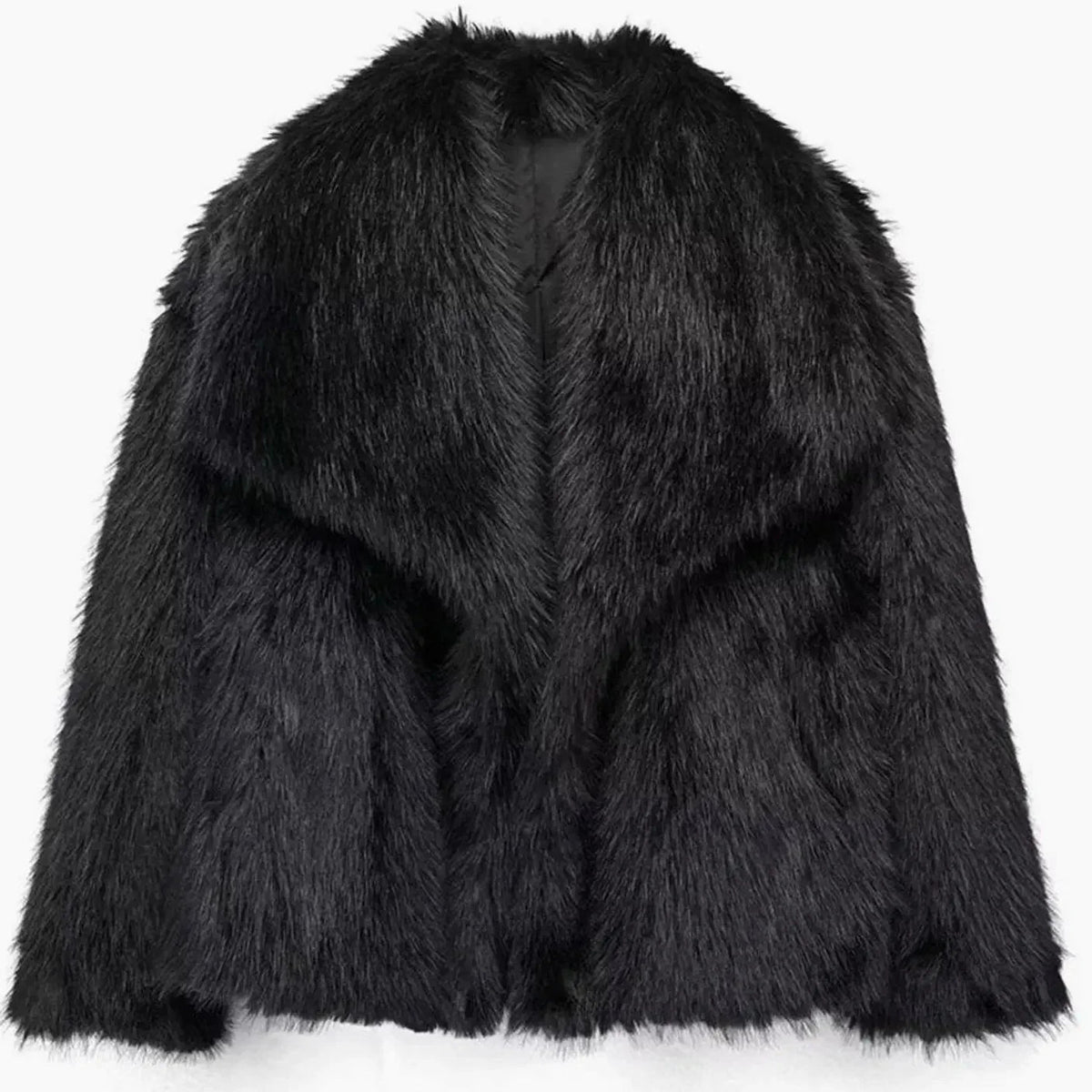 Women's cropped faux fur jacket with an open front, featuring a soft plush texture, perfect for autumn and winter layering. 10