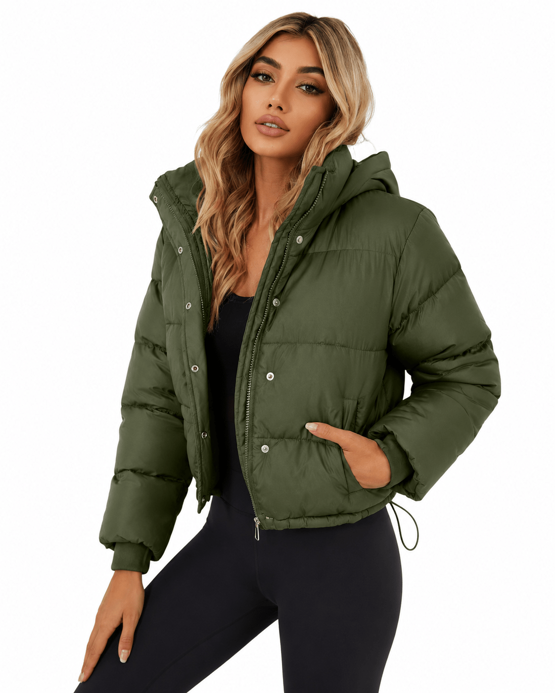 Women's cropped hooded puffer jacket featuring a zip closure and quilted insulated design, perfect for winter warmth and style. 3