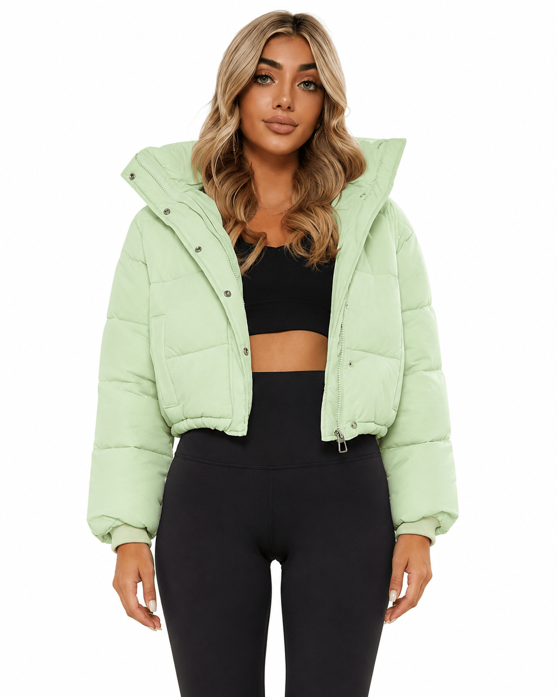 Women's cropped hooded puffer jacket featuring a zip closure and quilted insulated design, perfect for winter warmth and style. 4