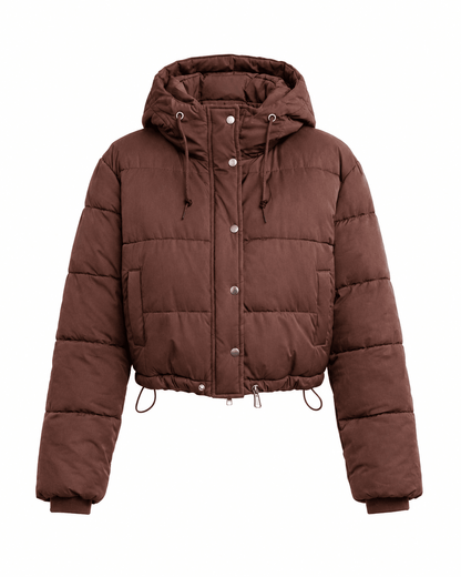 Women's cropped hooded puffer jacket featuring a zip closure and quilted insulated design, perfect for winter warmth and style. 6