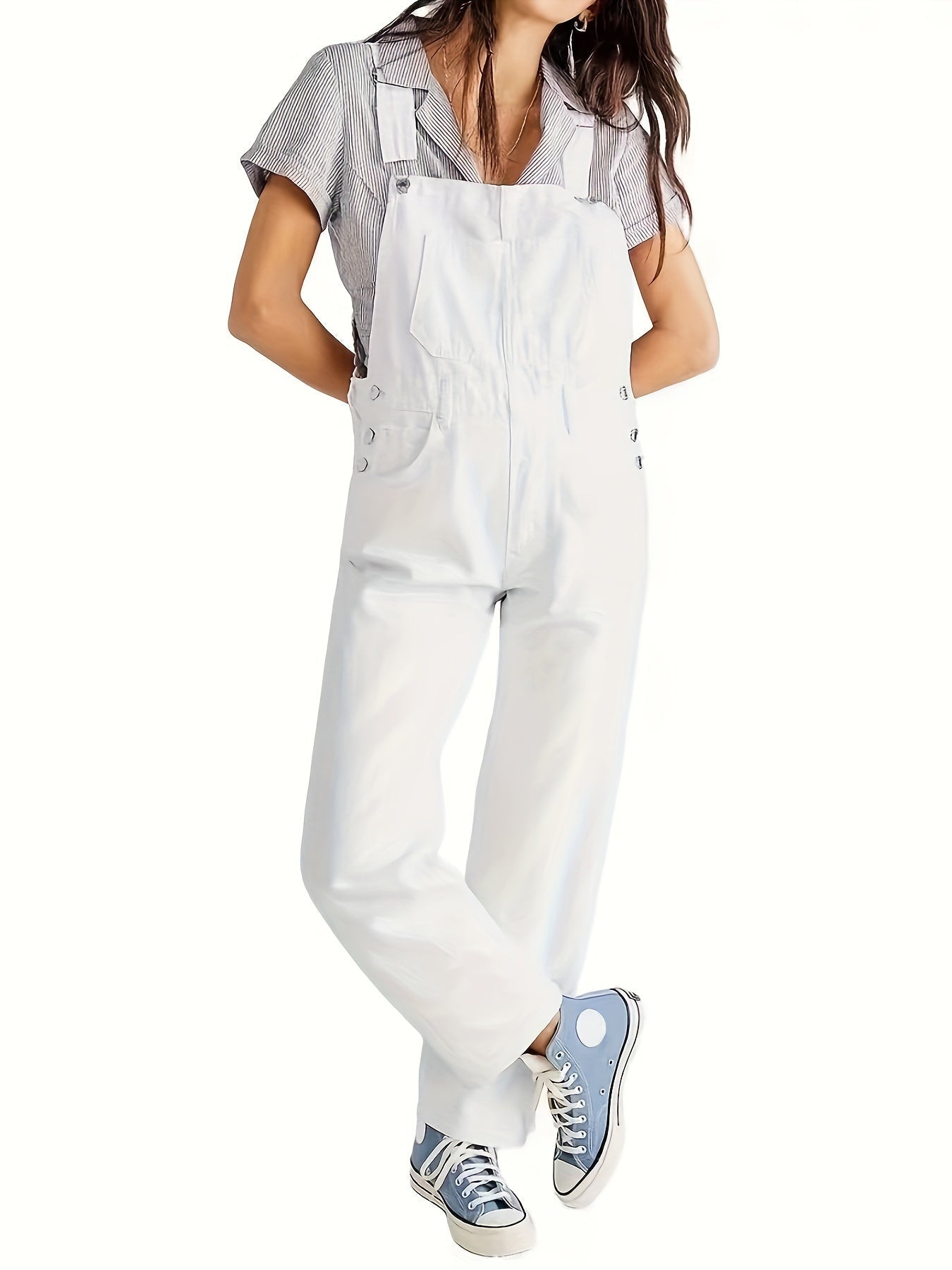 Women's denim jumpsuit featuring a casual relaxed fit, designed with functional pockets, perfect for all seasons. 7