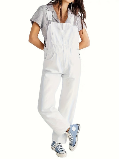 Women's denim jumpsuit featuring a casual relaxed fit, designed with functional pockets, perfect for all seasons. 7