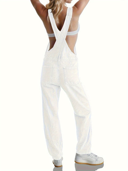 Women's denim jumpsuit featuring a casual relaxed fit, designed with functional pockets, perfect for all seasons. 4