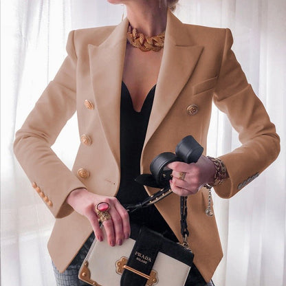 Women's double-breasted blazer featuring elegant gold button detail, tailored fit available in black, navy, or pink, perfect for professional or casual wear. 6