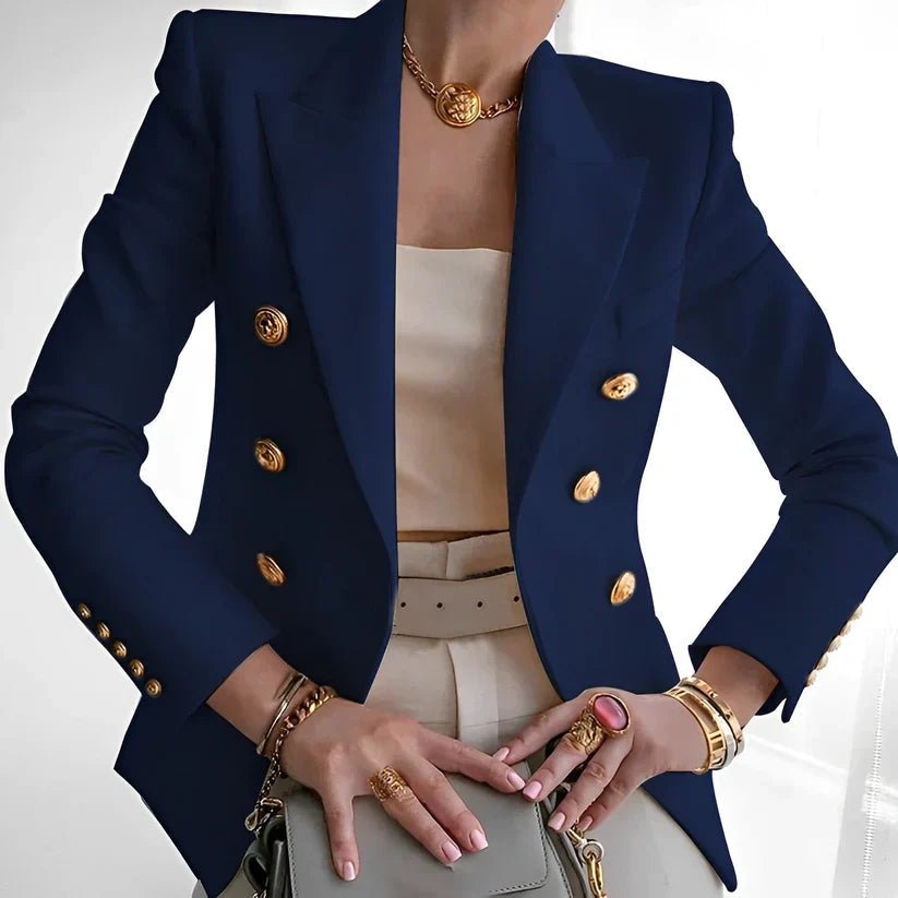 Women's double-breasted blazer featuring elegant gold button detail, tailored fit available in black, navy, or pink, perfect for professional or casual wear. 4
