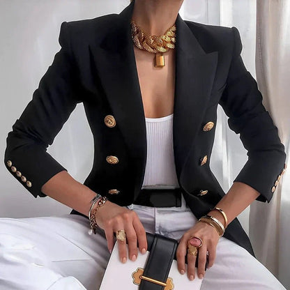 Women's double-breasted blazer featuring elegant gold button detail, tailored fit available in black, navy, or pink, perfect for professional or casual wear. 0
