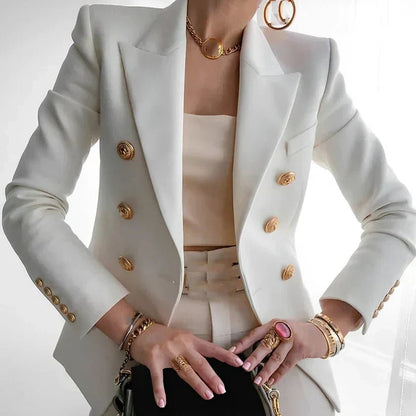 Women's double-breasted blazer featuring elegant gold button detail, tailored fit available in black, navy, or pink, perfect for professional or casual wear. 1