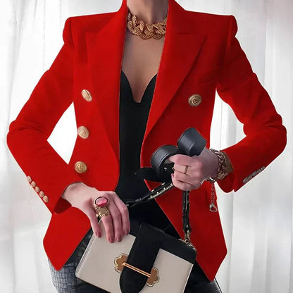 Women's double-breasted blazer featuring elegant gold button detail, tailored fit available in black, navy, or pink, perfect for professional or casual wear. 2