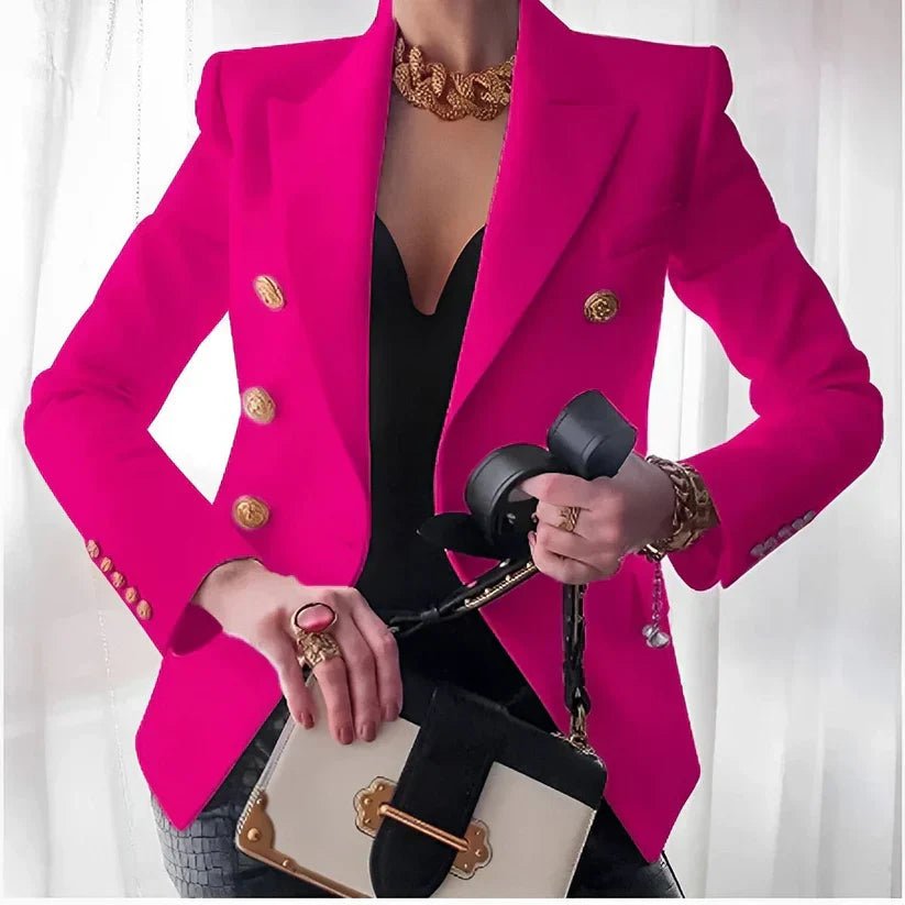 Women's double-breasted blazer featuring elegant gold button detail, tailored fit available in black, navy, or pink, perfect for professional or casual wear. 5