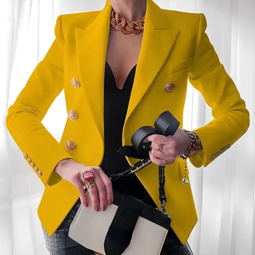 Women's double-breasted blazer featuring elegant gold button detail, tailored fit available in black, navy, or pink, perfect for professional or casual wear. 3