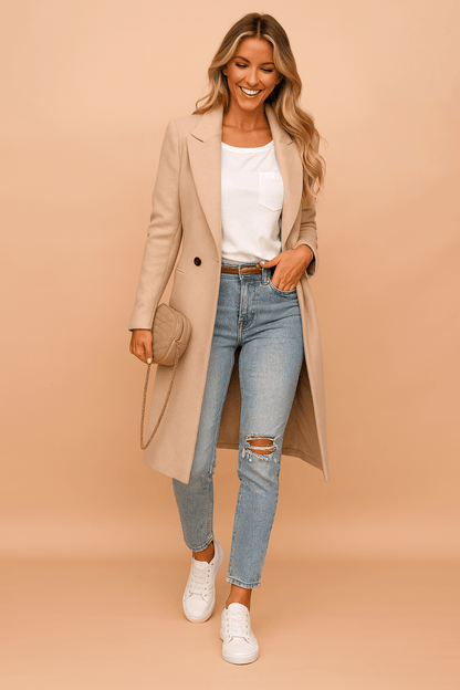 Women's double-breasted winter trench coat featuring an elegant collar and decorative buttons, perfect for stylish cold-weather layering. 0