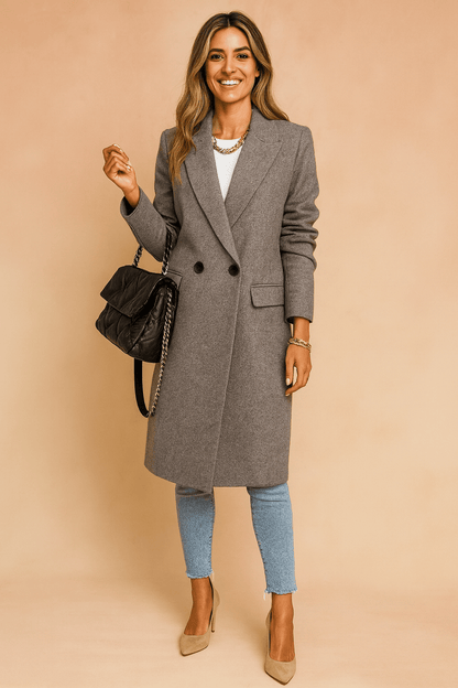 Women's double-breasted winter trench coat featuring an elegant collar and decorative buttons, perfect for stylish cold-weather layering. 4