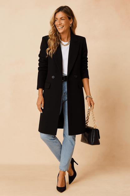Women's double-breasted winter trench coat featuring an elegant collar and decorative buttons, perfect for stylish cold-weather layering. 1