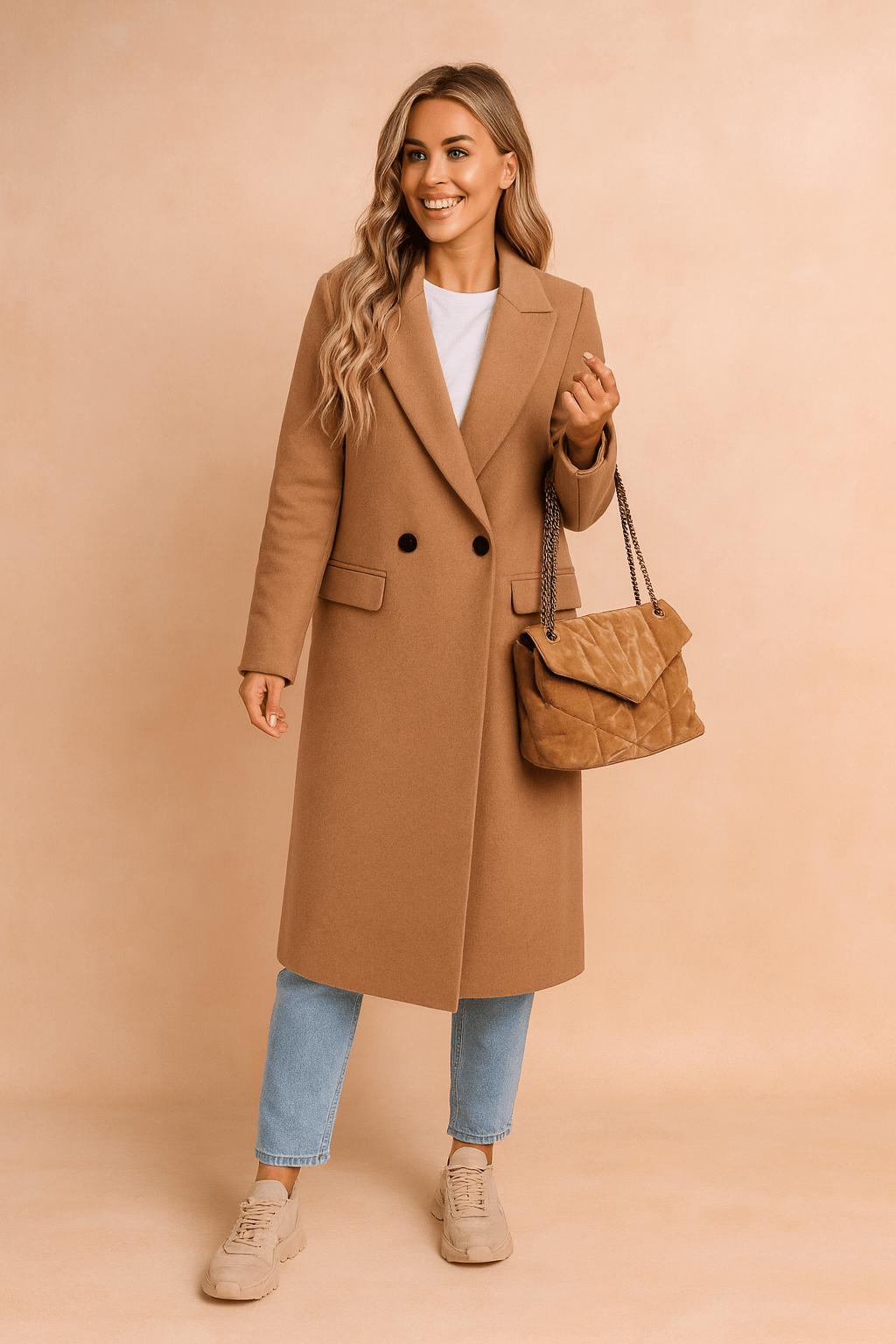 Women's double-breasted winter trench coat featuring an elegant collar and decorative buttons, perfect for stylish cold-weather layering. 3