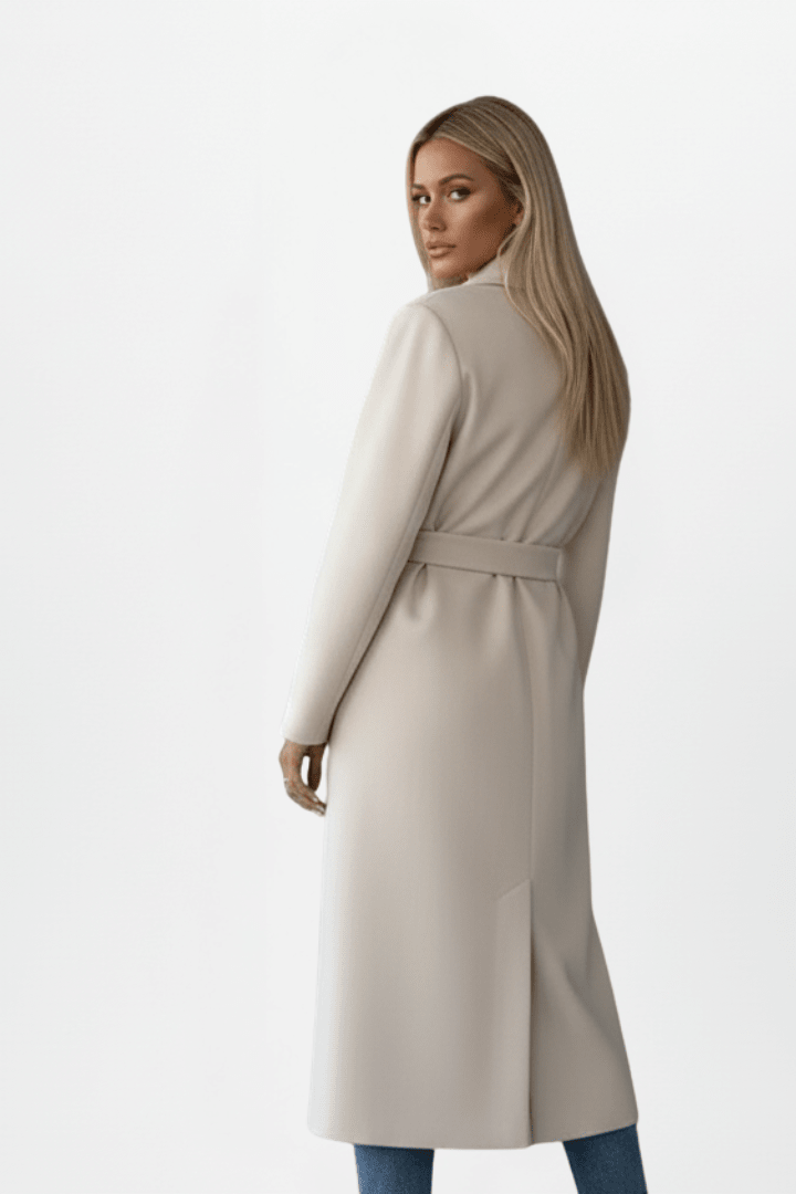 Women's double-breasted long coat featuring an adjustable waist belt, crafted from a warm polyester wool-blend, perfect for winter elegance and style. 3