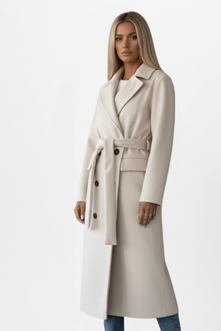 Women's double-breasted long coat featuring an adjustable waist belt, crafted from a warm polyester wool-blend, perfect for winter elegance and style. 2