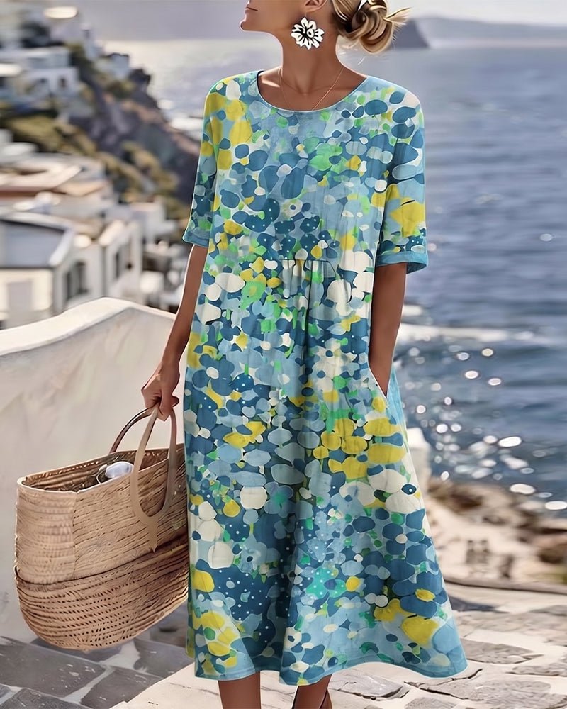 Womens A-Line Midi Dress with Pockets in Floral Cotton Blend, Perfect for Casual Summer Outings 2