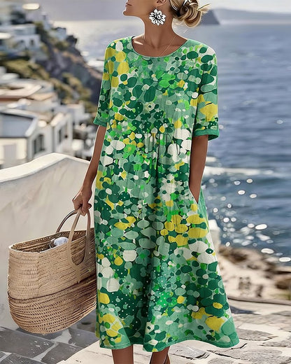 Womens A-Line Midi Dress with Pockets in Floral Cotton Blend, Perfect for Casual Summer Outings 1