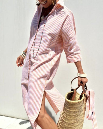 Women's button-front midi shirt dress with stripes, designed for comfort and style in summer, featuring a flattering fit and versatile design. 1