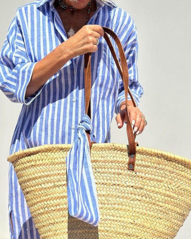 Women's button-front midi shirt dress with stripes, designed for comfort and style in summer, featuring a flattering fit and versatile design. 3