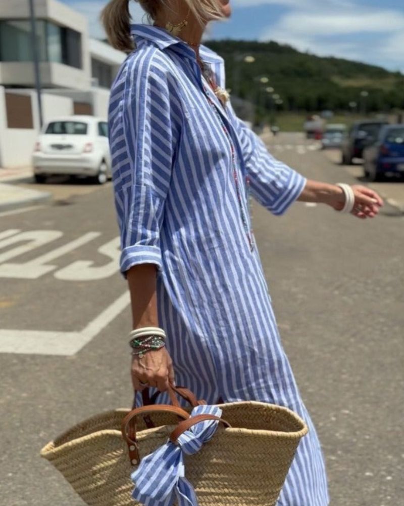 Women's button-front midi shirt dress with stripes, designed for comfort and style in summer, featuring a flattering fit and versatile design. 2