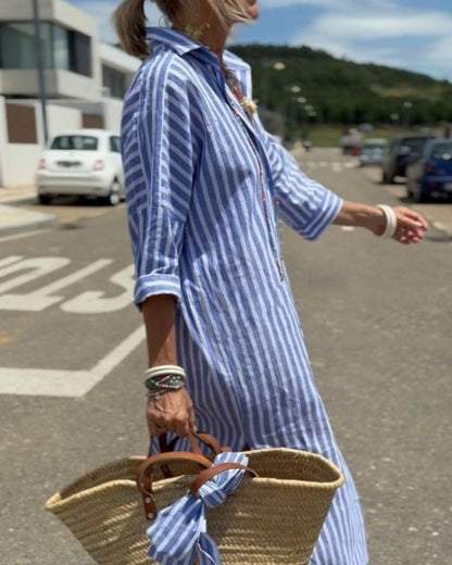 Women's button-front midi shirt dress with stripes, designed for comfort and style in summer, featuring a flattering fit and versatile design. 2