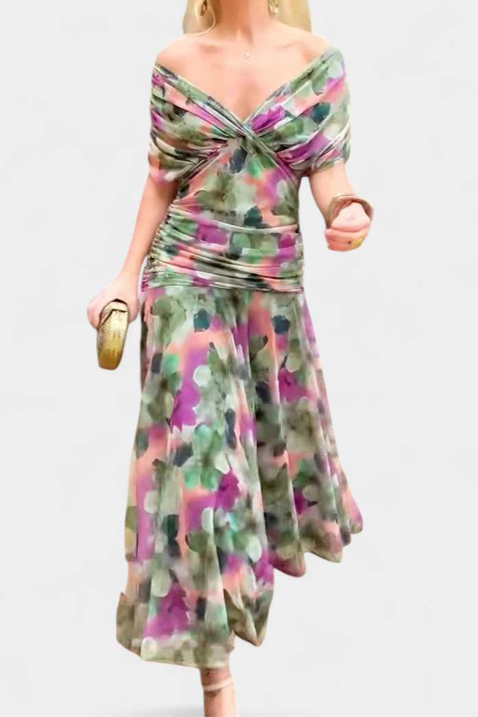 Elegant women's wedding guest dress featuring a V-neck floral design, pleated waist, and a long flowing skirt, perfect for special occasions. 7