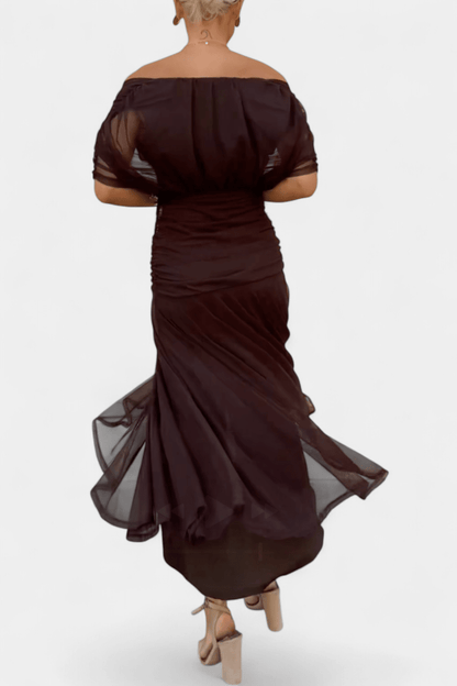 Elegant women's wedding guest dress featuring a V-neck floral design, pleated waist, and a long flowing skirt, perfect for special occasions. 3