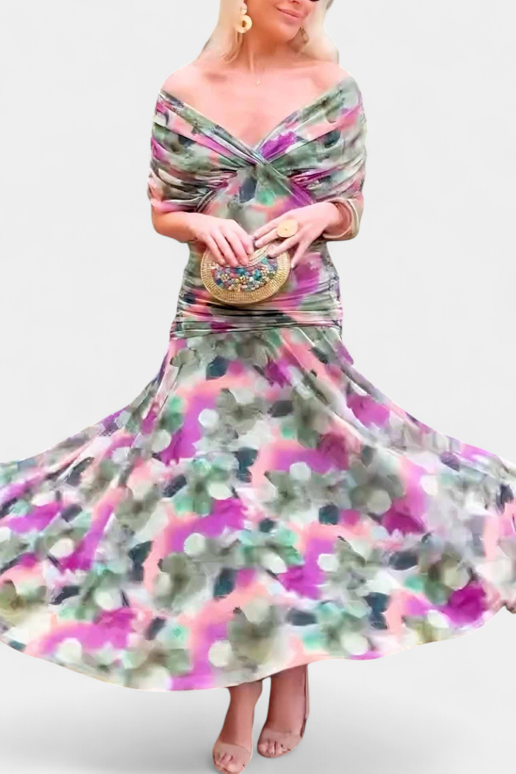 Elegant women's wedding guest dress featuring a V-neck floral design, pleated waist, and a long flowing skirt, perfect for special occasions. 6