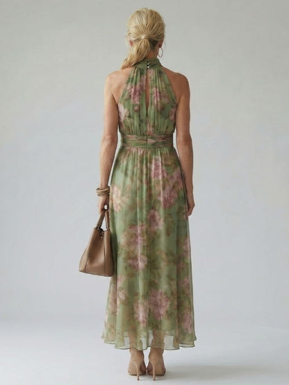 Womens Halter Midi Dress with Gathered Bodice in Floral Design - Lightweight Sleeveless Summer Dress for Effortless Style 3