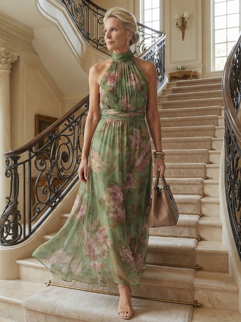 Womens Halter Midi Dress with Gathered Bodice in Floral Design - Lightweight Sleeveless Summer Dress for Effortless Style 6