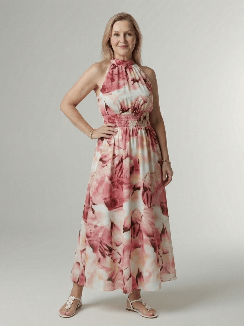 Lightweight summer midi dress for women featuring a sleeveless halter design, perfect for warm weather outings. 9