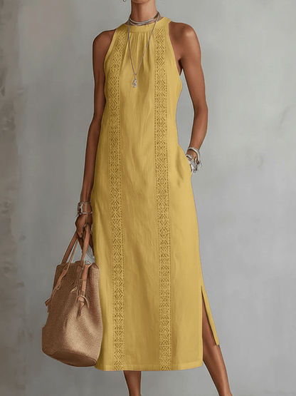 Relaxed midi women's dress featuring a mandarin collar, made from a lightweight cotton linen blend, perfect for summer wear. 5