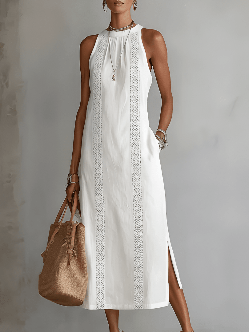 Relaxed midi women's dress featuring a mandarin collar, made from a lightweight cotton linen blend, perfect for summer wear. 0