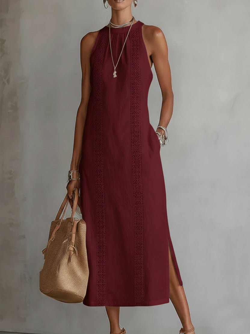 Relaxed midi women's dress featuring a mandarin collar, made from a lightweight cotton linen blend, perfect for summer wear. 6